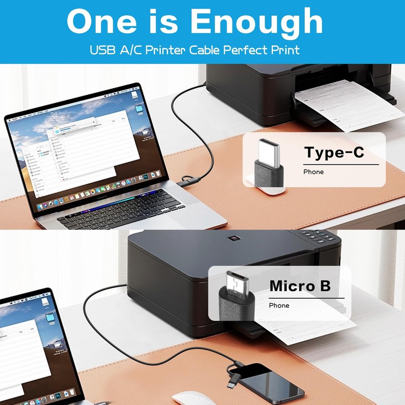 2 in 1 USB Printer Cable 6.6 Ft Micro USB Type C to USB B Scanner Cord gallery