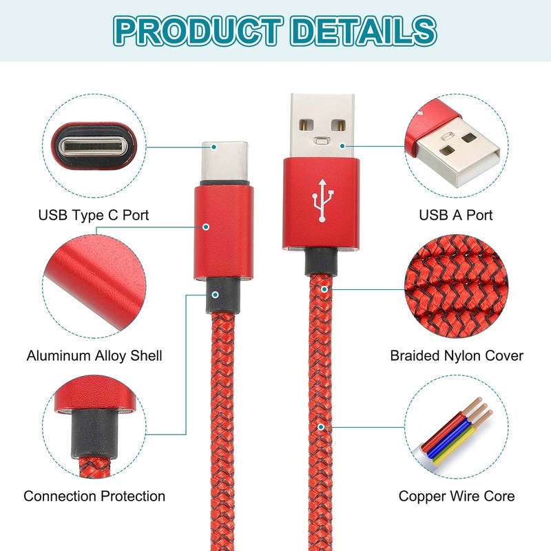 6.56ft USB Type C Charger Cable 3pcs 2.4A Type-C Braided Charging Data Cord Red gallery