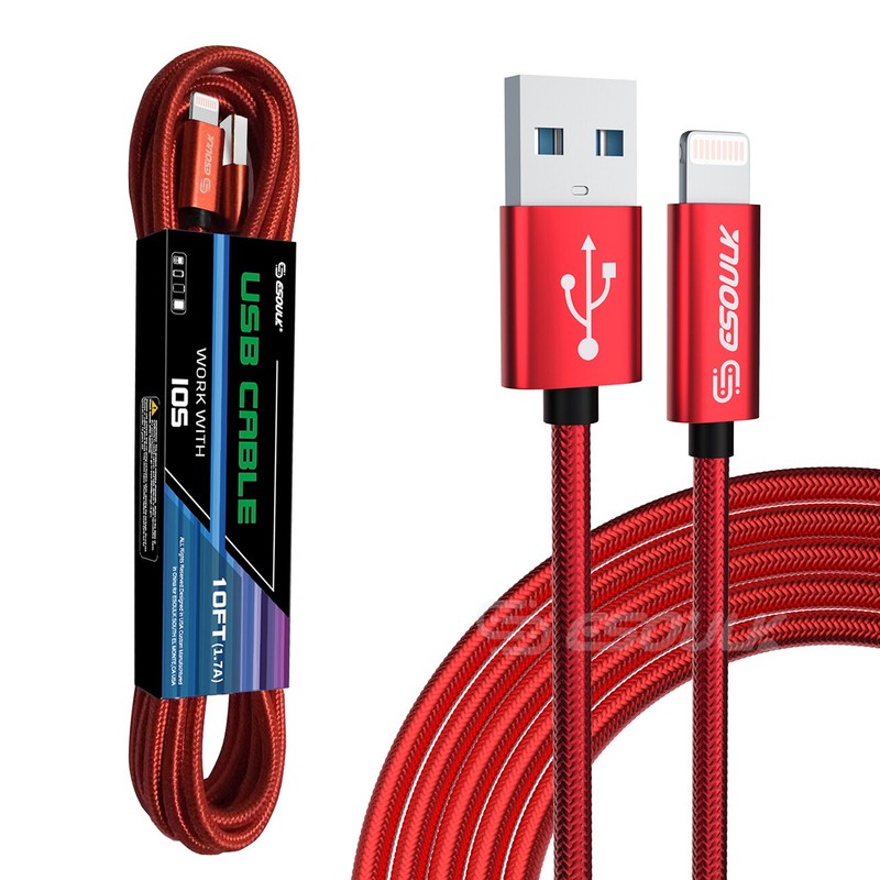 Esoulk 1.7A 10FT USB Cable For 8 PIN In Red Model # DC-EC45L-IP-10FTRD