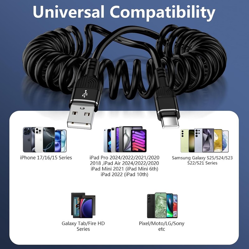 3FT Coiled USB-A to C Charging Cable for iPhone 15 & 16 Car Use gallery