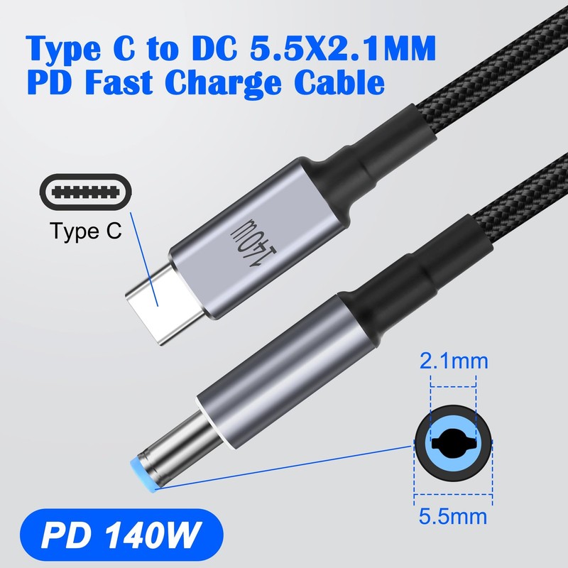 USB C To DC 5.5mm x 2.1mm Power Cable Quick Charging PD 140W 7A 1.8M Cord gallery