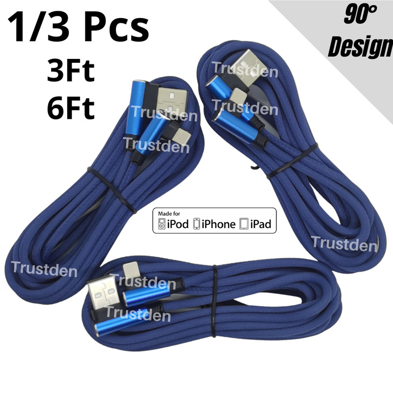 3Pack 3/6Ft 90 Degree Right Angle USB Cable For iPhone 6 7 8 X Charger Cord Lot