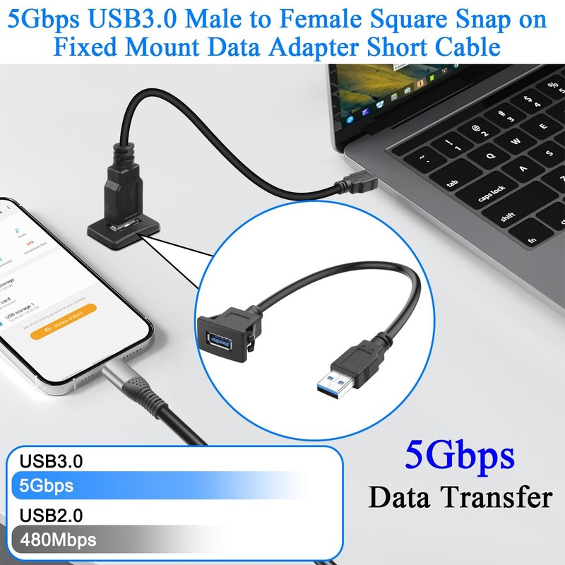 USB 3.0 Square Snap on Mount Adapter Male to Female Flush Extension Cable gallery