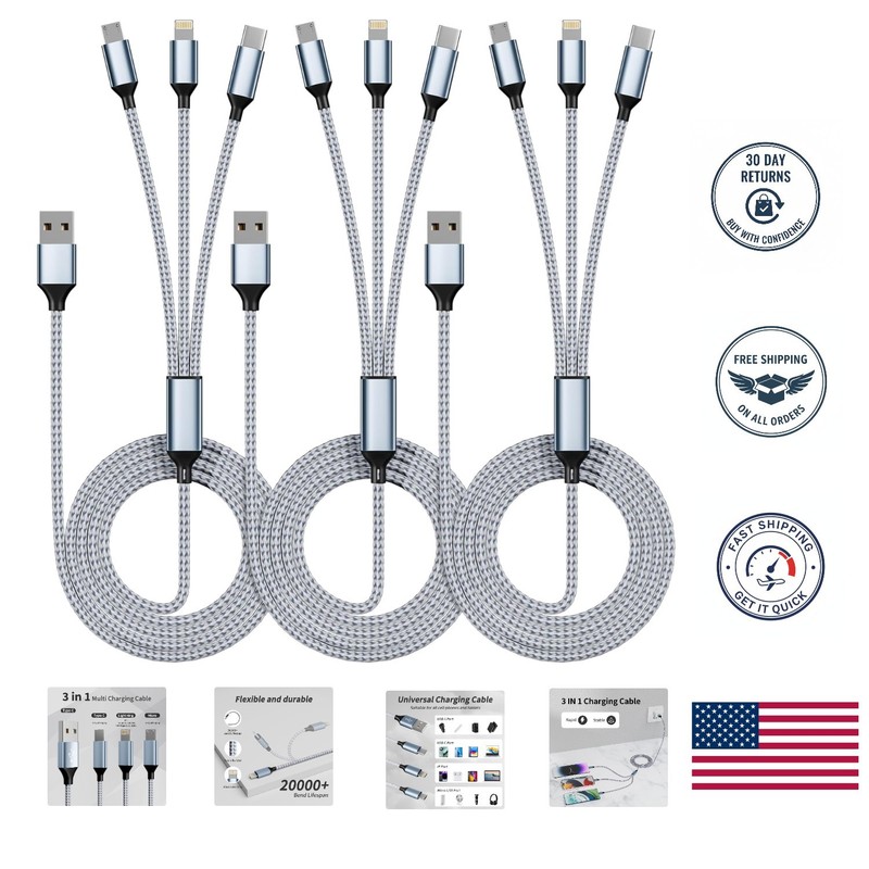 Durable 3-Pack 4FT Multi Charging Cables - Type-C, Micro USB & Compatible