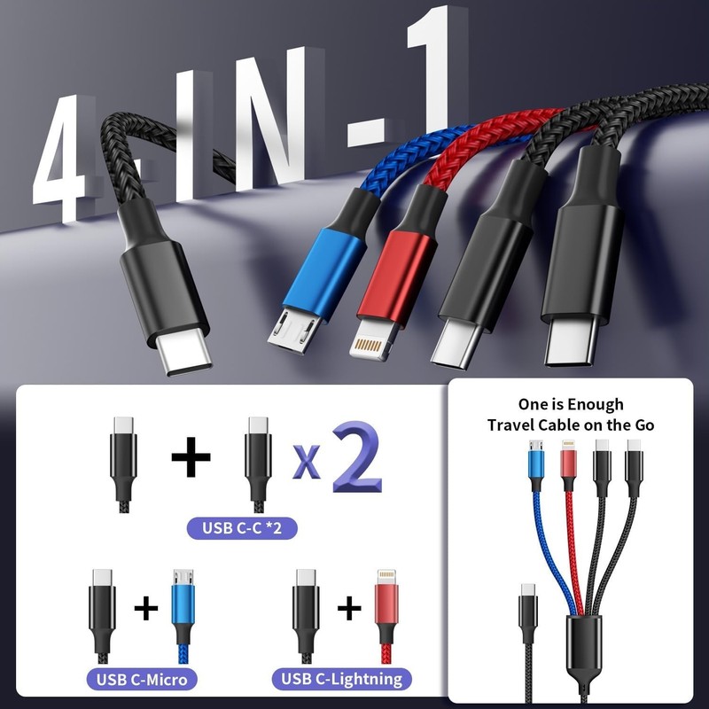 Universal 4-in-1 5FT USB C Charging Cable Pack for iPhones and Android Devices gallery