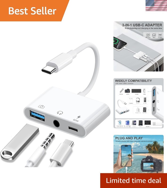 Enhance Your Devices with 3-in-1 USB C to USB Adapter - 60W Charge & Audio