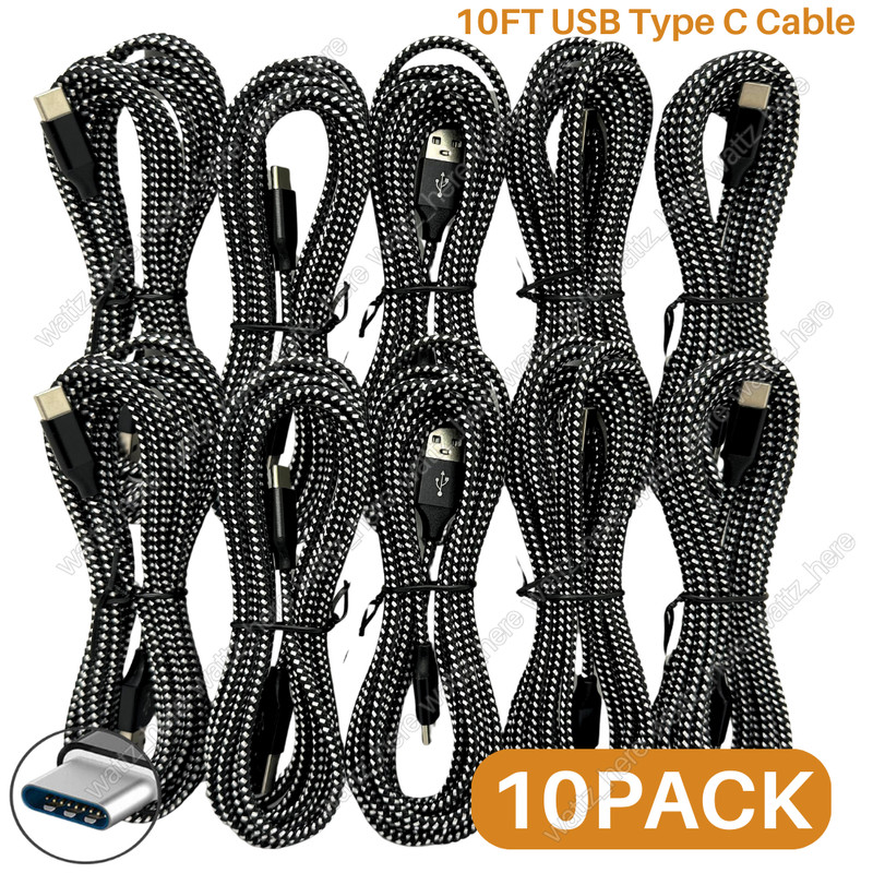 10Pack 10Ft USB to Type-C Cable Fast Charger Charging Data Sync Cord For Samsung