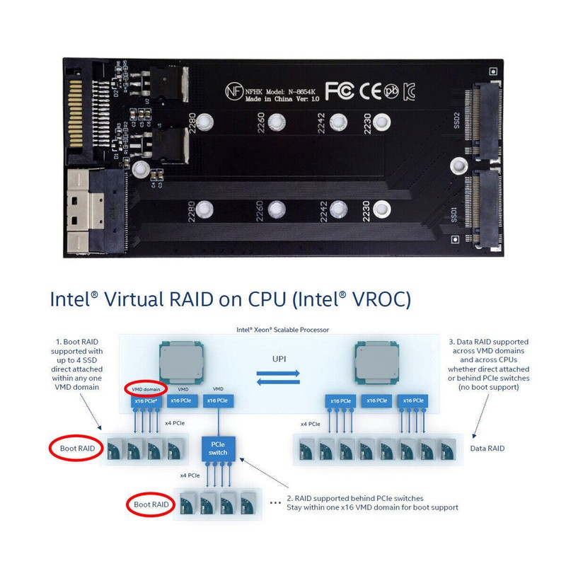 CABLECY Slimline SFF-8654 8X Dual NVME M.2 AHCI Raid Card VROC PCIE Express 4.0 gallery
