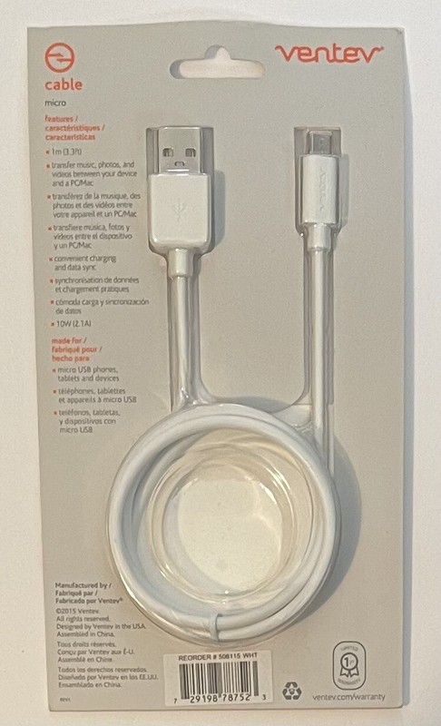 2x Essentials By Ventev Micro USB Universal Charging Cable 3.3 Feet White gallery
