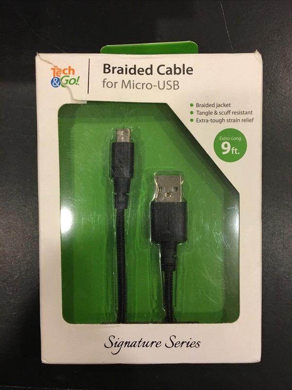 Tech & Go 9 Ft. Braided BLACK Micro-USB Cable with Cable Wrap EXTRA LONG gallery