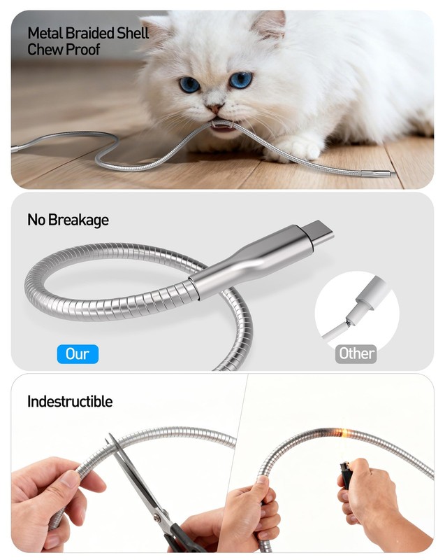 Metal Braided USB-C to USB-C Cord Chew Proof - 6.6ft 60W PD Fast Charging & D... gallery