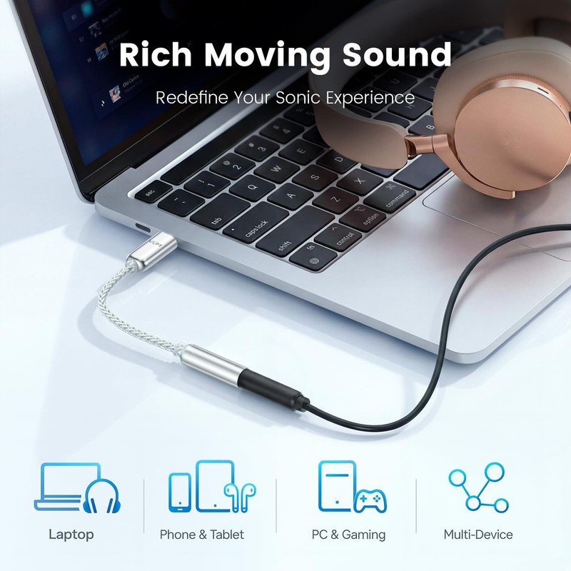 High-Res USB-C to 3.5mm Audio Adapter, 32-Bit DAC, Hi-Fi Stereo, Gold-Plated, Si gallery