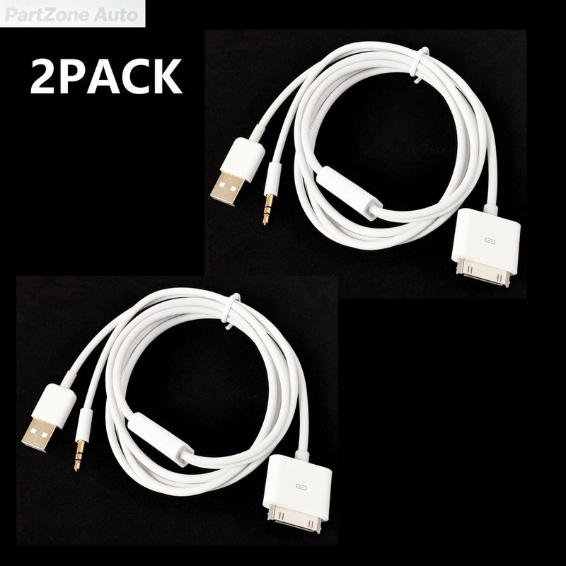 2PACK 30pin Dock To 3.5mm Car AUX Audio USB charger Cable For iPod iPhone 3G 4G