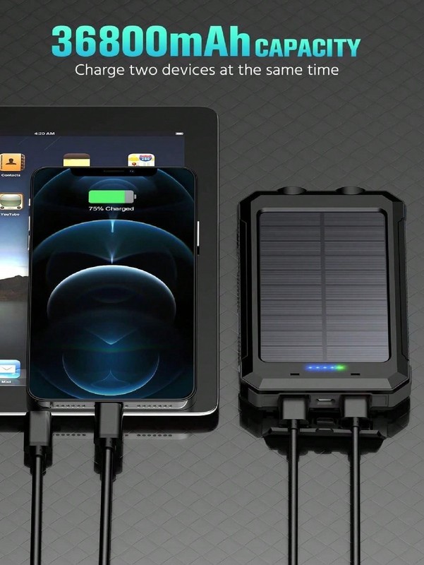 36800mAh Solar Power Bank, QC3.0 Fast Charger with LED Light & Compass, Black