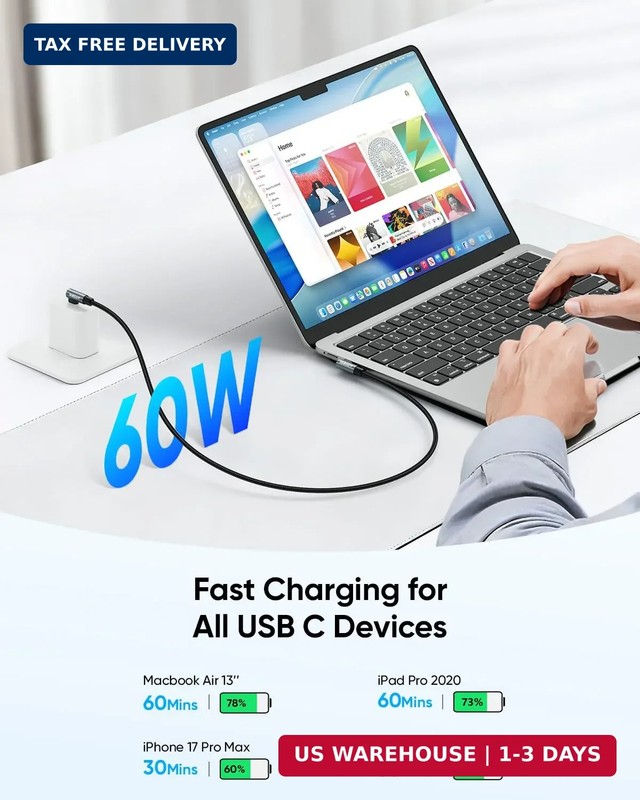 USB C Cable Right Angle, [2Pack 1FT] 60W Fast Charging USBC Cable Braided USB Ty gallery