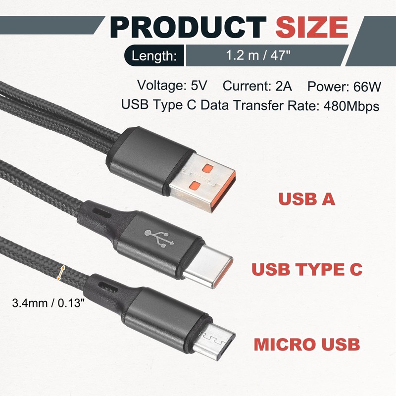 Multi USB A to Micro USB and Fast Charge USB Type C 2 in 1 Splitter 47", Black gallery