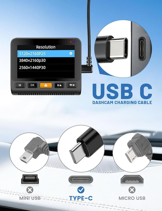 USB C to 90 Degree USB C Dash Cam Power Cord 10FT, Replacement Type C Dashcam Po gallery