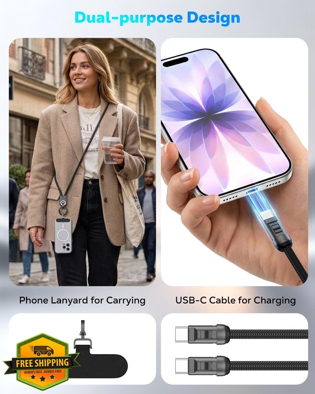 Phone Lanyard USB-C 240W Cable Black Paw Print