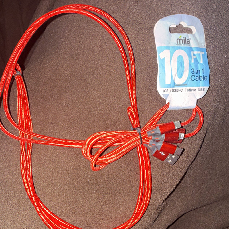 mila 10 ft 3-in-1 Braided Charging Cable USB-C Micro-USB Red