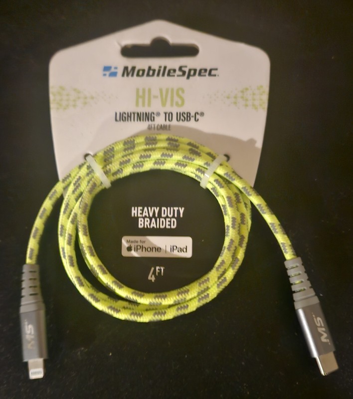 MobileSpec Hi-Vis 4ft iPhone to USB-C Cable, Yellow Heavy Duty Braided