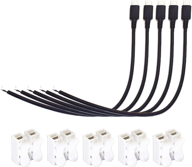 5pcs USB Type-C Male Pigtail Cables 10inch DIY Power Cord 3A Black