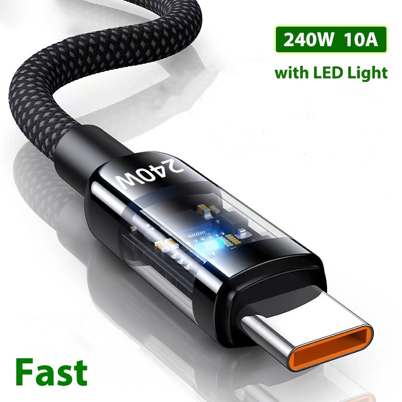 USB to Type-C Cable Braided Fast Phone Lead Charger 240W 10A with LED Light