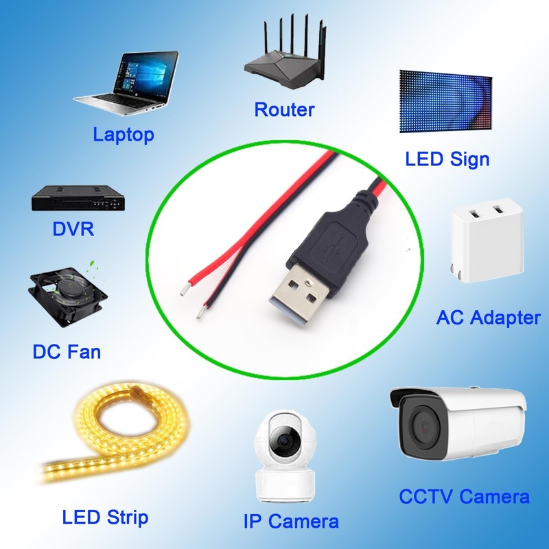 1FT 20AWG USB 2.0 Male Pigtail Plug To 2 Pin Bare Wire 5V 5A Power Cable gallery