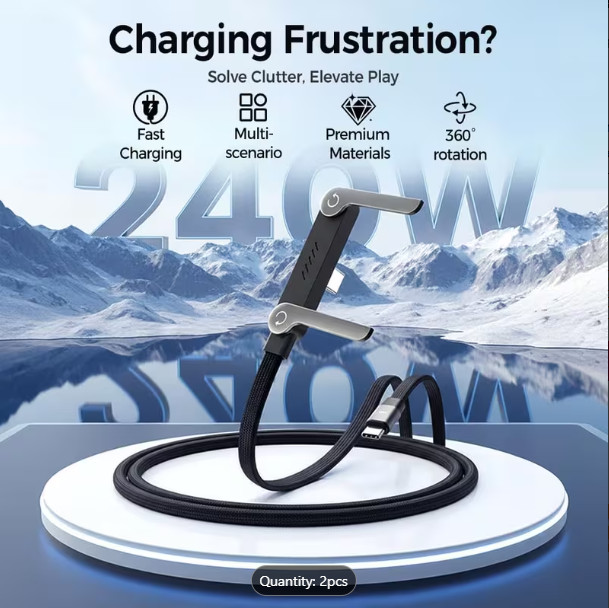 2PCS 240W USB-C Fast Charging Data Cable with Built-in Phone Holder – 2-in-1 Mul gallery