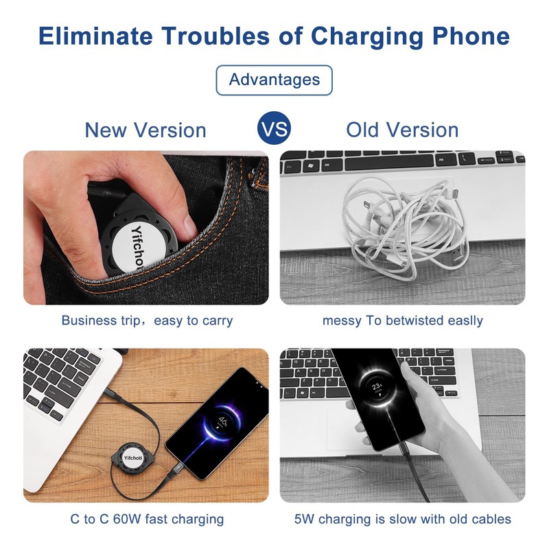 3 Pack PD 60W Retractable Charging Cable and Data Transfer, Type C to C black gallery