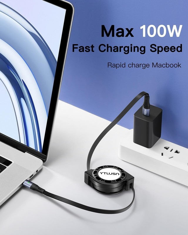 Retractable USB C Cable 100W, [2Pack 4Ft] LED C to C 1.2 metri, Black gallery