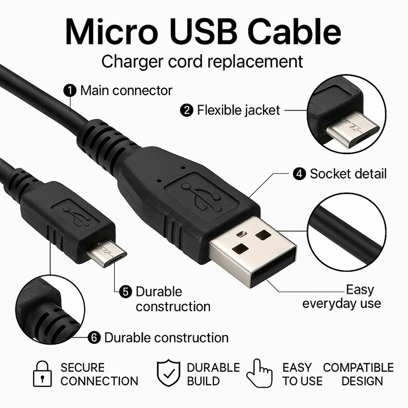 Micro USB Cable Charger Cord Replacement for Panasonic Lumix FZ72 LX15 TZ100