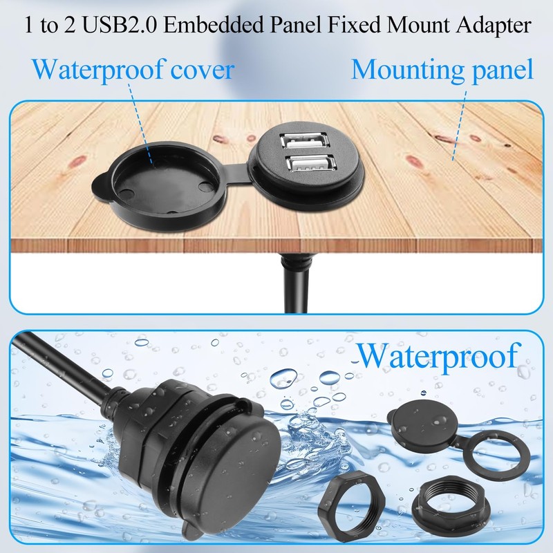 USB 1 to 2 Flush Mount Adapter Short Cable USB2.0 Male to 2 USB2.0 Female Thr... gallery