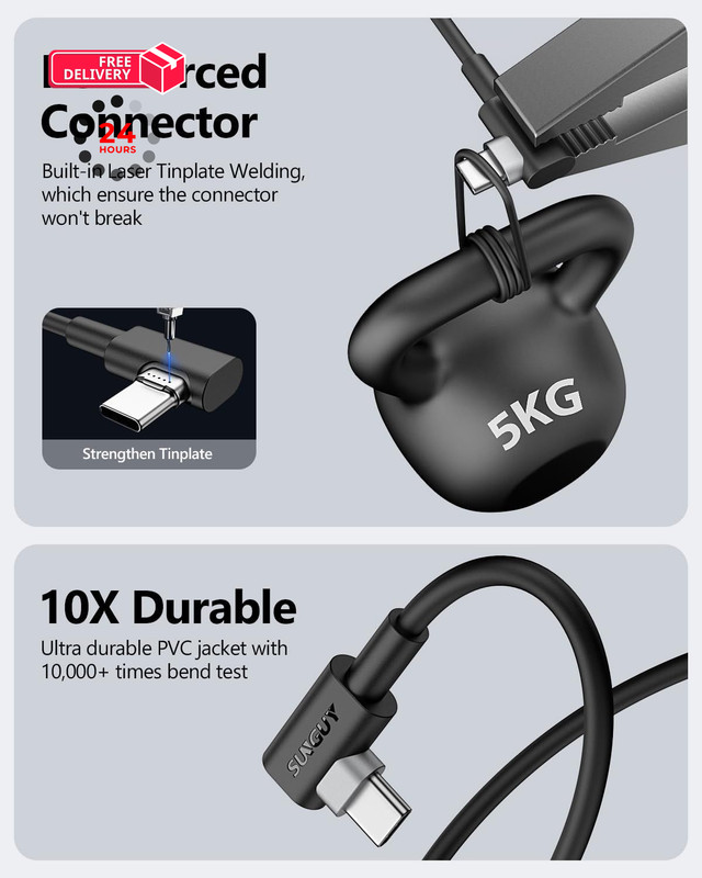 SUNGUY USB C 90 Degree Cable 1FT, 2-Pack Right Angle 3A 2.0 1ft, Black gallery