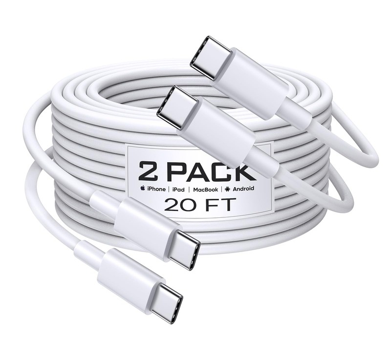 2Pack USB C to C Cable 20FT [60W Fast Charging, Extra Long] 20Ft, White