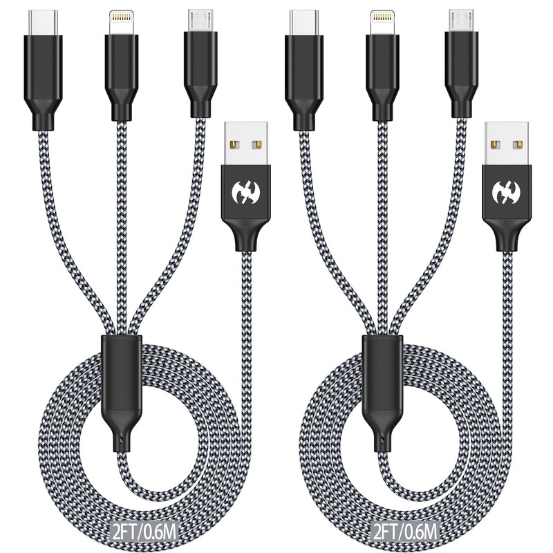 Multi Charging Cable 2ft 2Pack 3 in 1 Charger Cord, Short Multiple Rapid Nylon