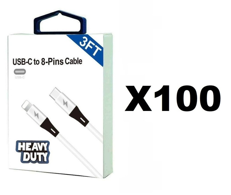 Lot of 100 Heavy Duty USB-C to 8-Pin 20W Fast Charging Cables (3 Feet) White