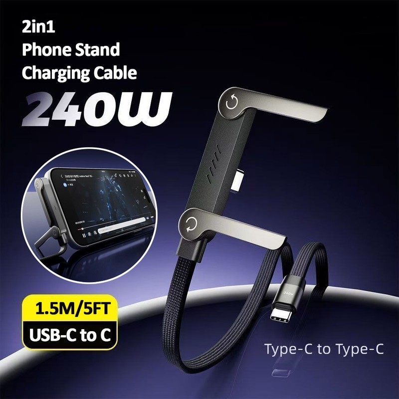 240W Braided Fast Charging Cord USB C Charger Cable 1.5M + Invisible Phone Stand