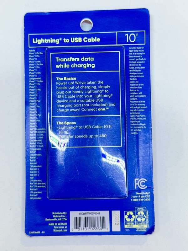 Lightning To USB White Cable (10 Ft) (Connect ONN) MFi Certified gallery