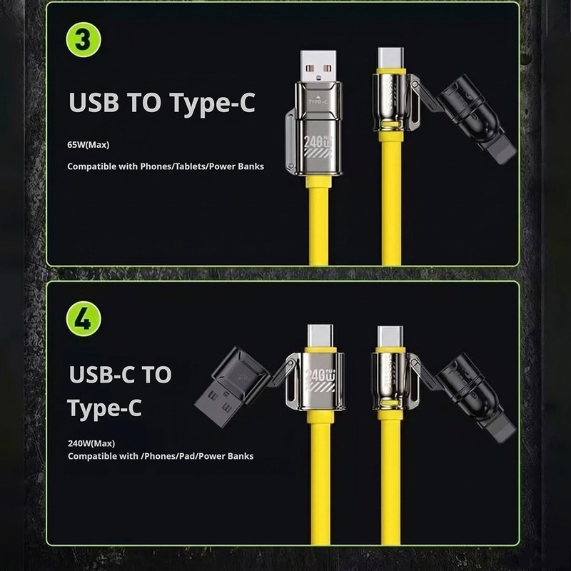 240W 4-in-1 Dual Type-C Fast Charging Cable for iPhone & Android Yellow A7 gallery