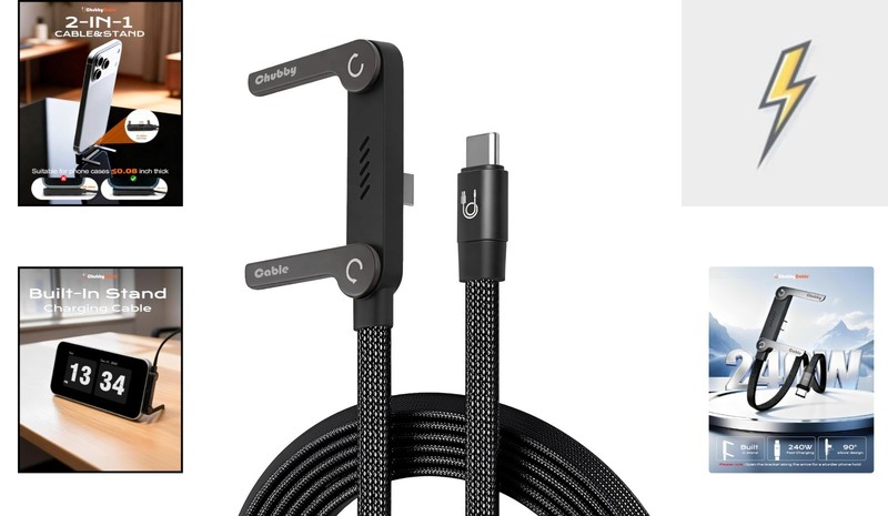 StandLite 240W USB-C Charging Cord: Foldable Stand & 480 Mbps Transfer, 4.9FT gallery