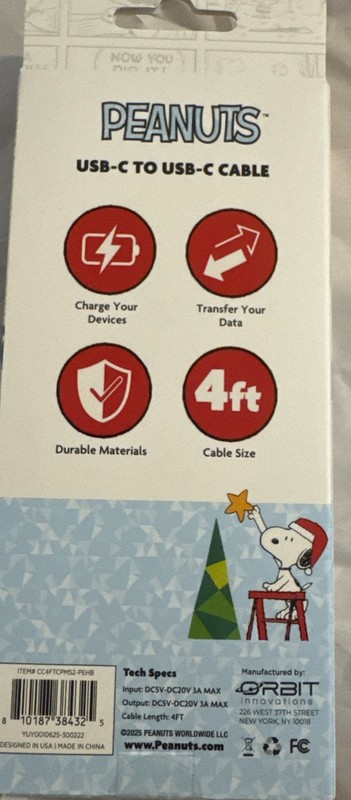 🎄 Peanuts USB-C Charging Cable - Snoopy Christmas Wreath 4FT Data/Sync Cord gallery
