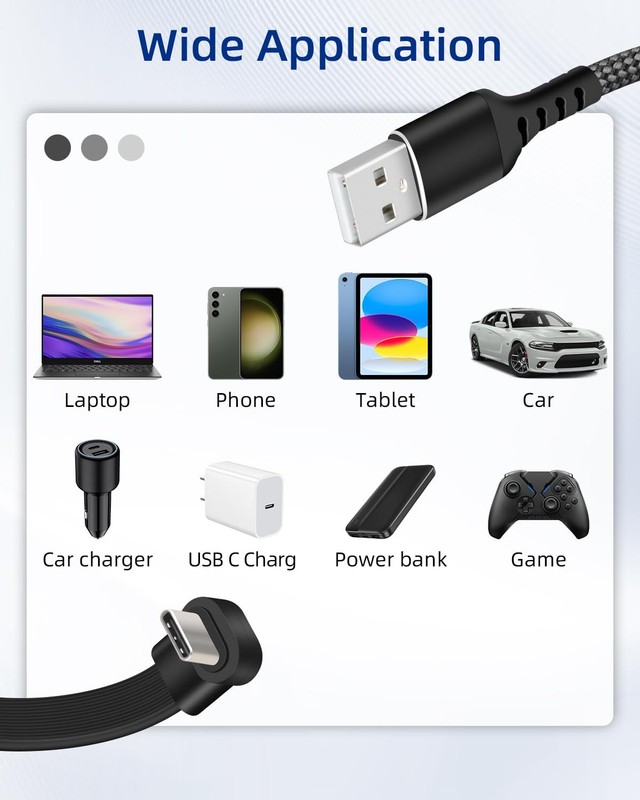 Flat 90 Degree USB C Charger Cable,60W Fast Charging 3A USB-A Male to USB C M... gallery