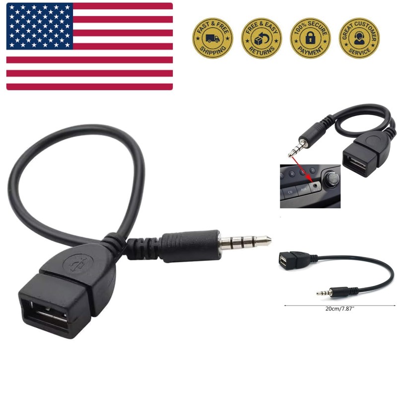 Black USB to AUX Adapter Cable,3.5mm Male AUX Plug to USB 2.0 Female Converte…