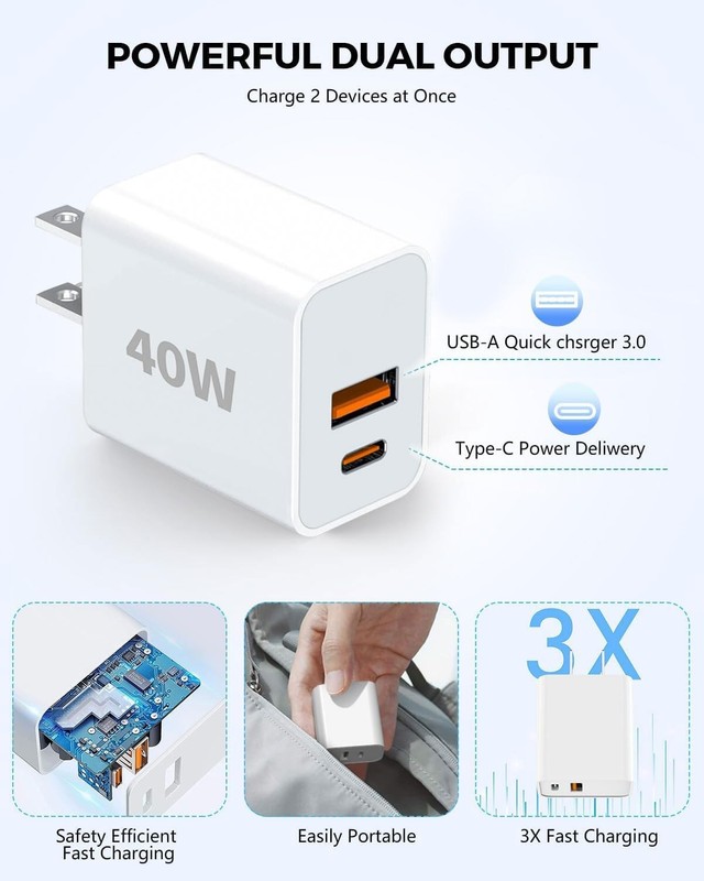 40W Fast Charging kit, 2 Pack wall Charger with USB-C and USB-A Ports and 6-Foot gallery
