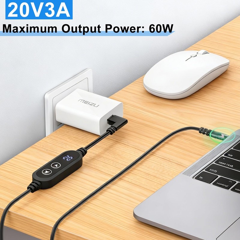 USB C to DC Adapter Power Cable 5V,9V,12V,15V,20V Adjustable with LED Display... gallery