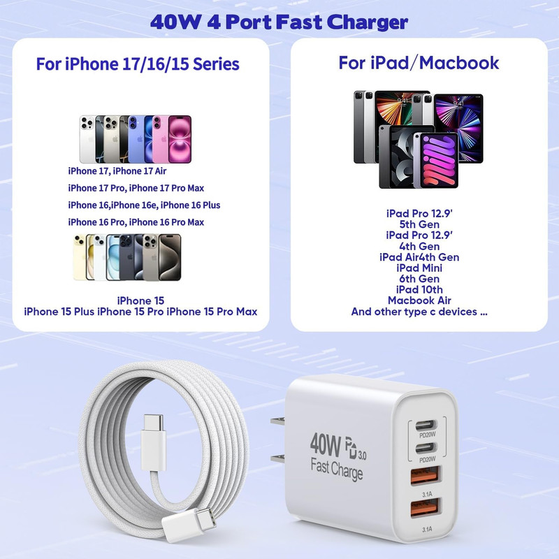 10FT Iphone 17 16 15 Pro Charger,2Pack 10Foot USB C to C Woven Cable Cord 40W US gallery