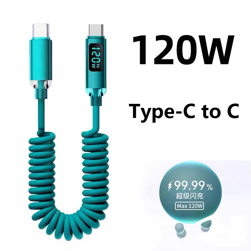 PD 120W 2.0 USB Male to Type-C Spring Coiled Data Charging Cable Digital Display