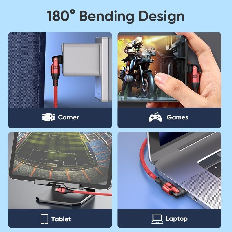 240W USB C to C Cable 3FT USBC Dual Head 180° 3FT*2, red gallery