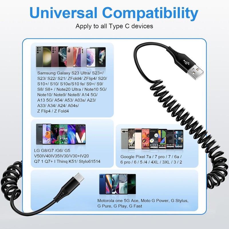 USB to USB C Cable Coiled 3FT Car Charger Cord for iPhone 16e/16/16 Pro/16 Pro M gallery