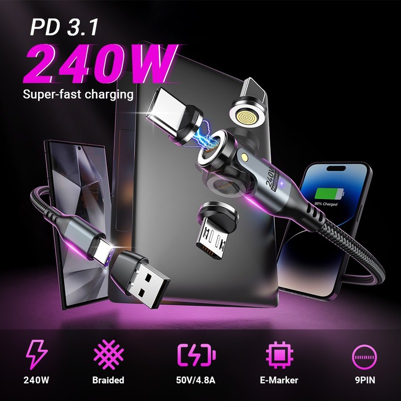 1.8m PD 240W Magnetic USB C Charging Cable &Data Sync für Micro USB/USB-C/iPhone gallery